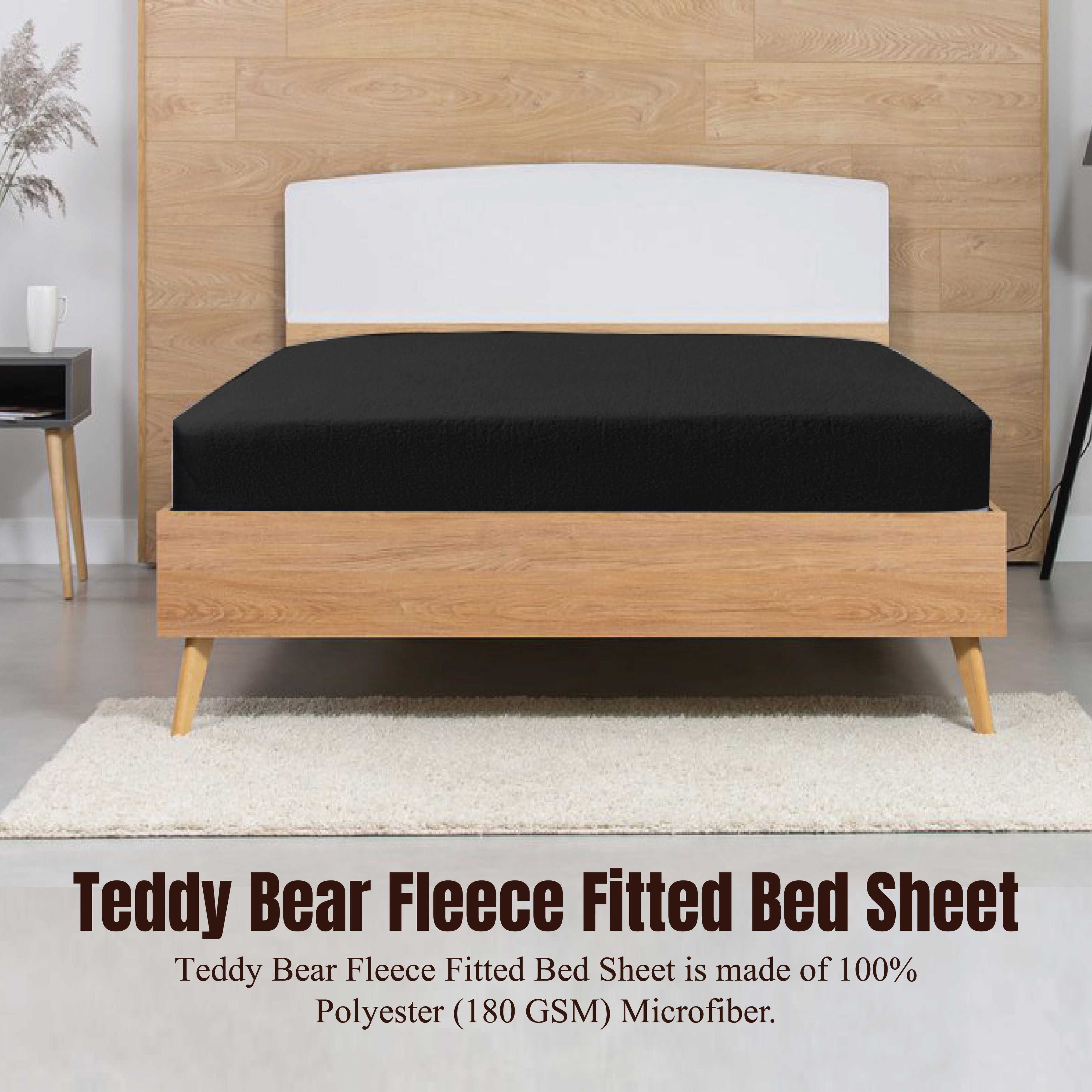 Funky Gadgets Teddy Fleece Fitted Bed Sheet - Ultra-Soft Thermal Bedding, Plain Fluffy Fleece Sheets, Luxury Teddy Bear Design, Black