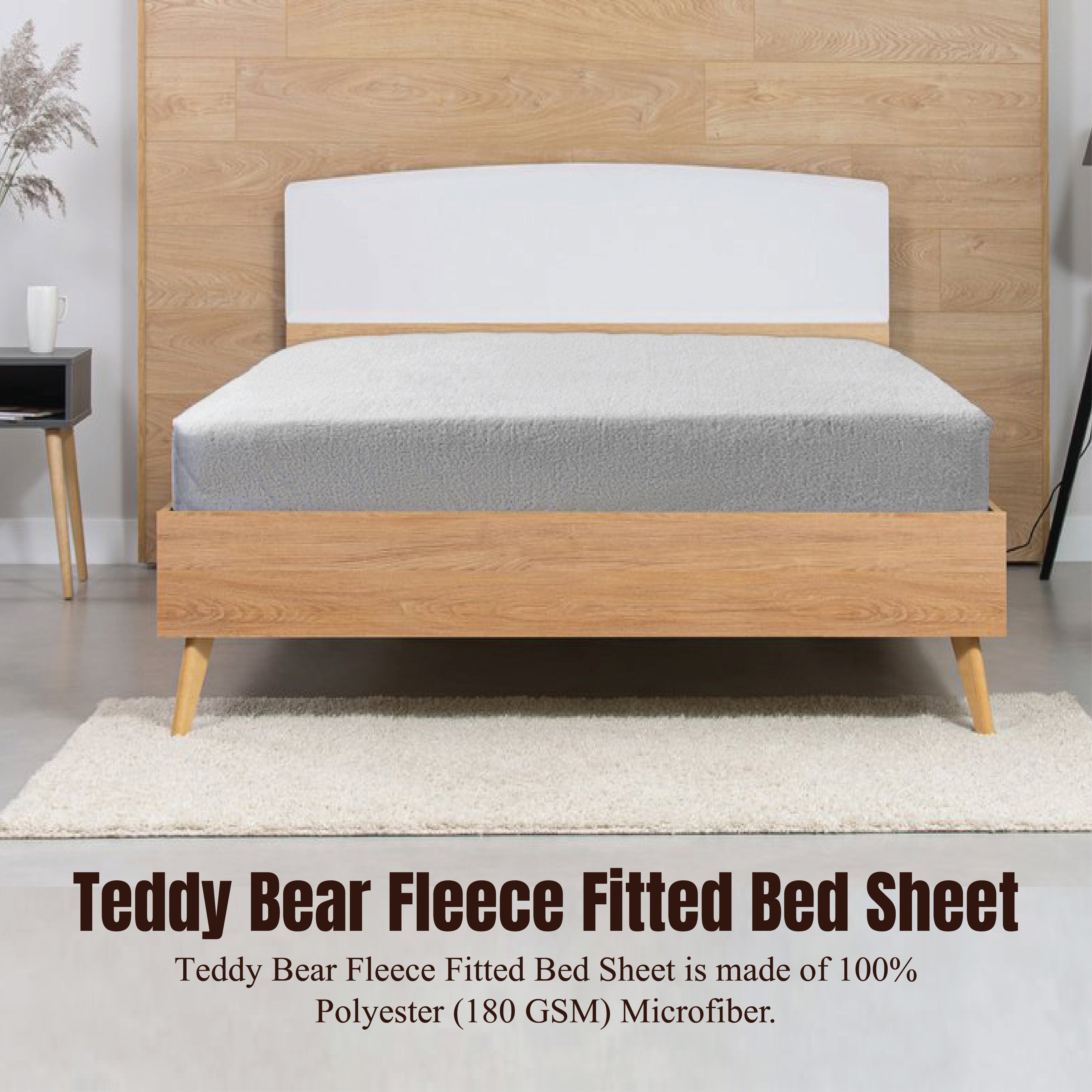 Funky Gadgets Teddy Fleece Fitted Bed Sheet - Ultra-Soft Thermal Bedding, Plain Fluffy Fleece Sheets, Luxury Teddy Bear Design, Grey
