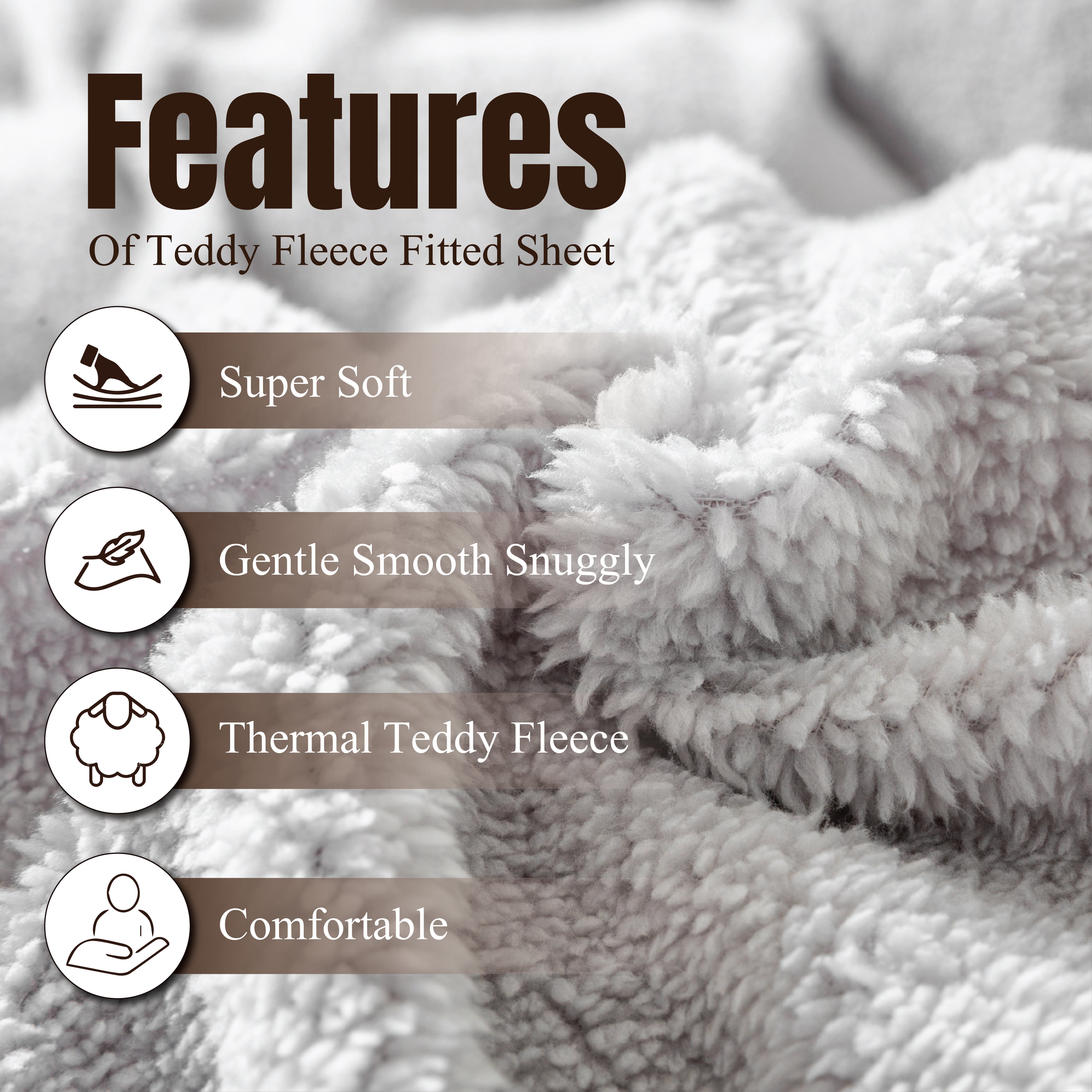 Funky Gadgets Teddy Fleece Fitted Bed Sheet - Ultra-Soft Thermal Bedding, Plain Fluffy Fleece Sheets, Luxury Teddy Bear Design, Grey