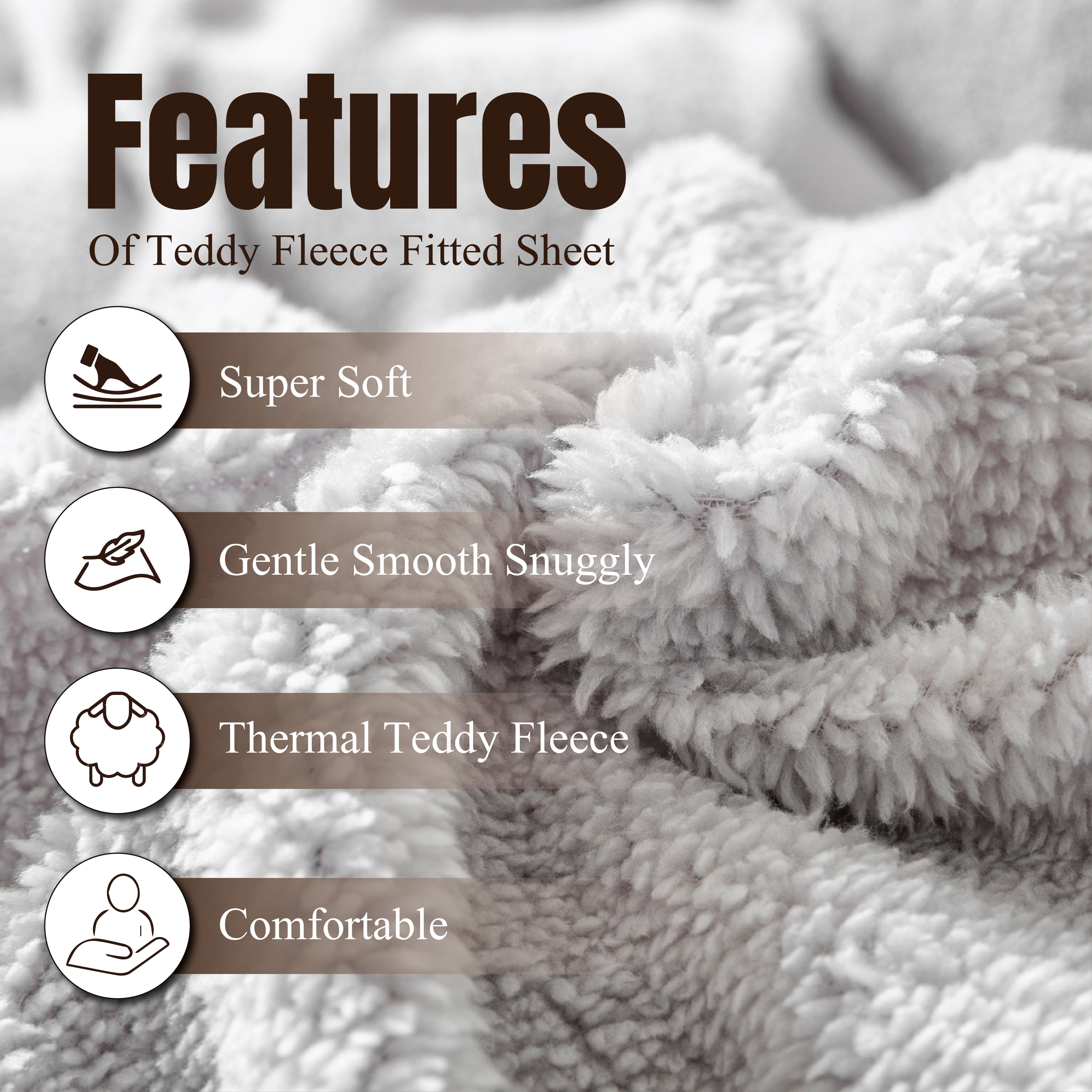 Funky Gadgets Teddy Fleece Fitted Bed Sheet - Ultra-Soft Thermal Bedding, Plain Fluffy Fleece Sheets, Luxury Teddy Bear Design, Grey