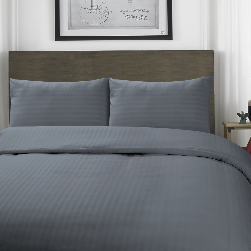 Microfiber Satin Stripe Duvet Cover Set Luxury Hotel Bedding Sets with Pillowcases Breathable Ultra Soft Reversible -Charcoal