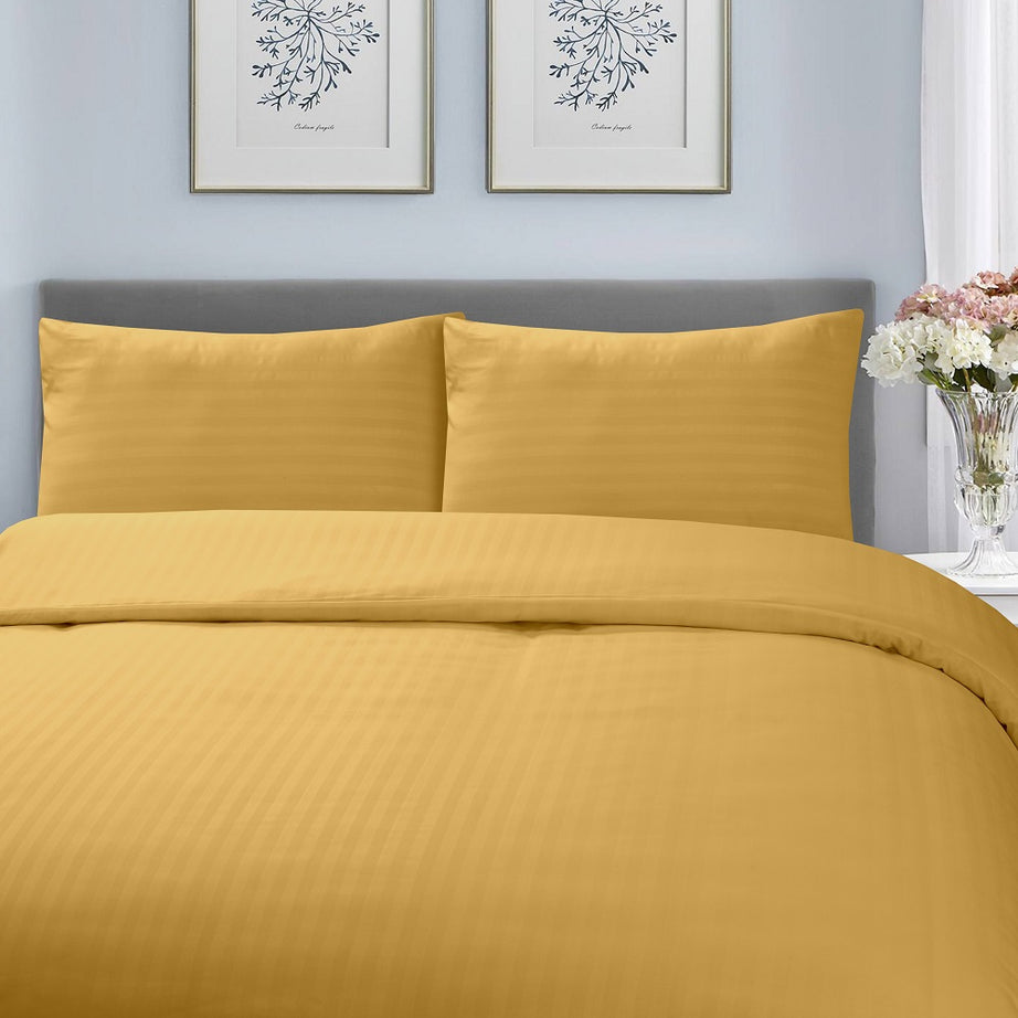 Microfiber Satin Stripe Duvet Cover Set Luxury Hotel Bedding Sets with Pillowcases Breathable Ultra Soft Reversible -Ochre