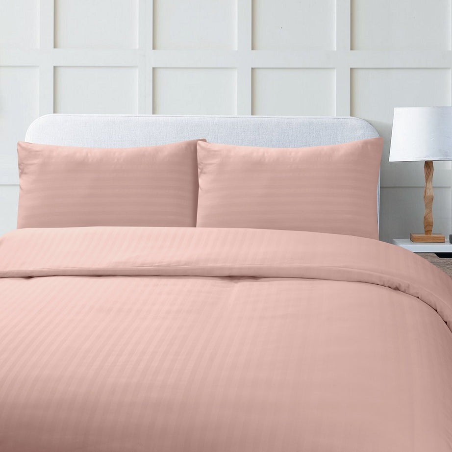 Microfiber Satin Stripe Duvet Cover Set Luxury Hotel Bedding Sets with Pillowcases Breathable Ultra Soft Reversible -Blush