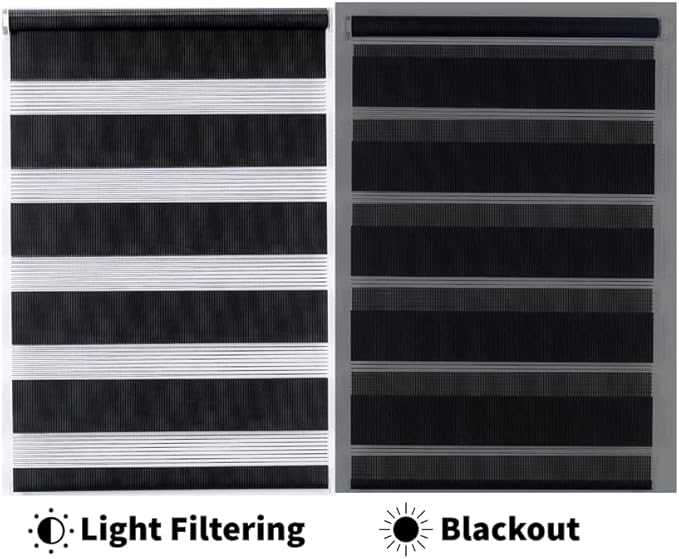 Funky Gadgets Black Day Night Blinds Double Layer Sheer Fabric blinds Windows Curtains For Bedroom Easy Fit Drilling & No Drilling Opaque Shades Zebra Roller Blinds