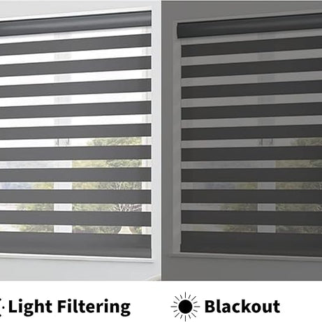 Funky Gadgets Grey Day Night Blinds Double Layer Sheer Fabric blinds Windows Curtains For Bedroom Easy Fit Drilling & No Drilling Opaque Shades Zebra Roller Blinds