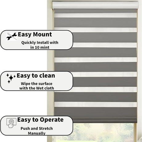 Funky Gadgets Grey Day Night Blinds Double Layer Sheer Fabric blinds Windows Curtains For Bedroom Easy Fit Drilling & No Drilling Opaque Shades Zebra Roller Blinds