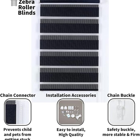 Funky Gadgets Black Day Night Blinds Double Layer Sheer Fabric blinds Windows Curtains For Bedroom Easy Fit Drilling & No Drilling Opaque Shades Zebra Roller Blinds
