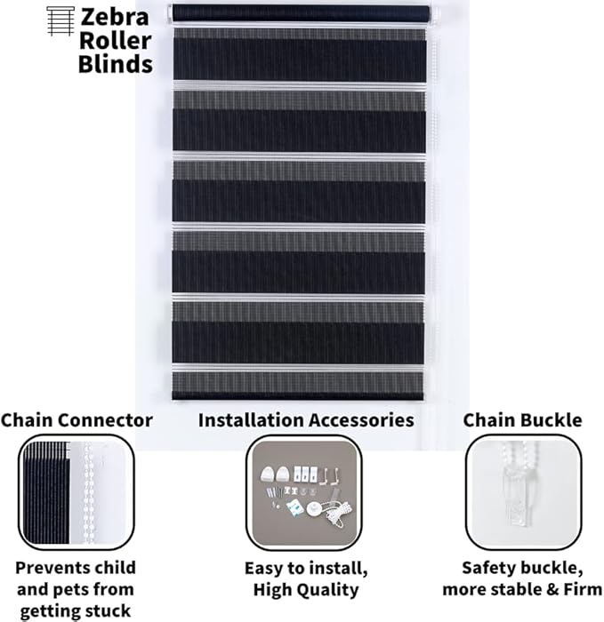 Funky Gadgets Black Day Night Blinds Double Layer Sheer Fabric blinds Windows Curtains For Bedroom Easy Fit Drilling & No Drilling Opaque Shades Zebra Roller Blinds
