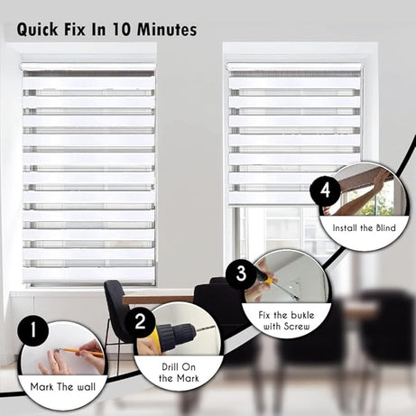 Funky Gadgets White Day Night Blinds Double Layer Sheer Fabric blinds Windows Curtains For Bedroom Easy Fit Drilling & No Drilling Opaque Shades Zebra Roller Blinds