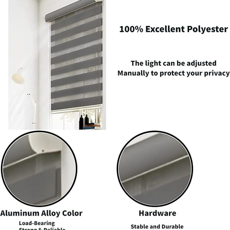 Funky Gadgets Grey Day Night Blinds Double Layer Sheer Fabric blinds Windows Curtains For Bedroom Easy Fit Drilling & No Drilling Opaque Shades Zebra Roller Blinds