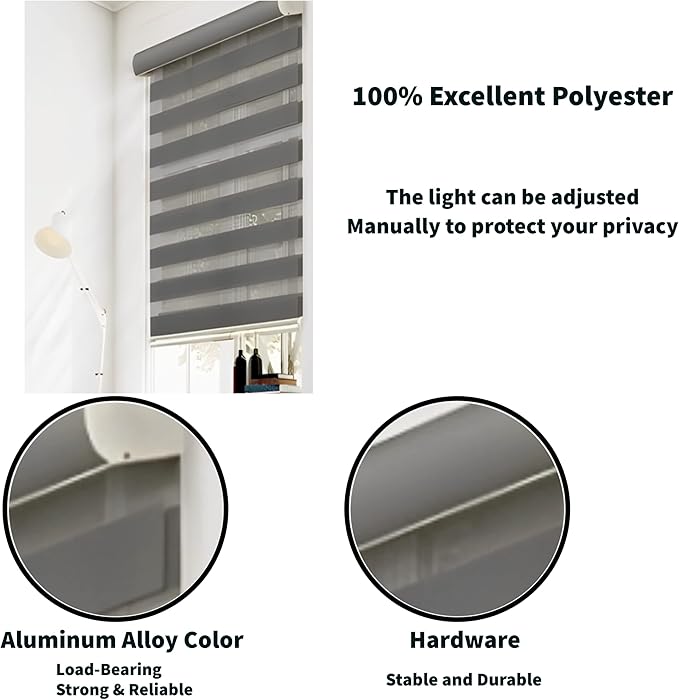 Funky Gadgets Grey Day Night Blinds Double Layer Sheer Fabric blinds Windows Curtains For Bedroom Easy Fit Drilling & No Drilling Opaque Shades Zebra Roller Blinds