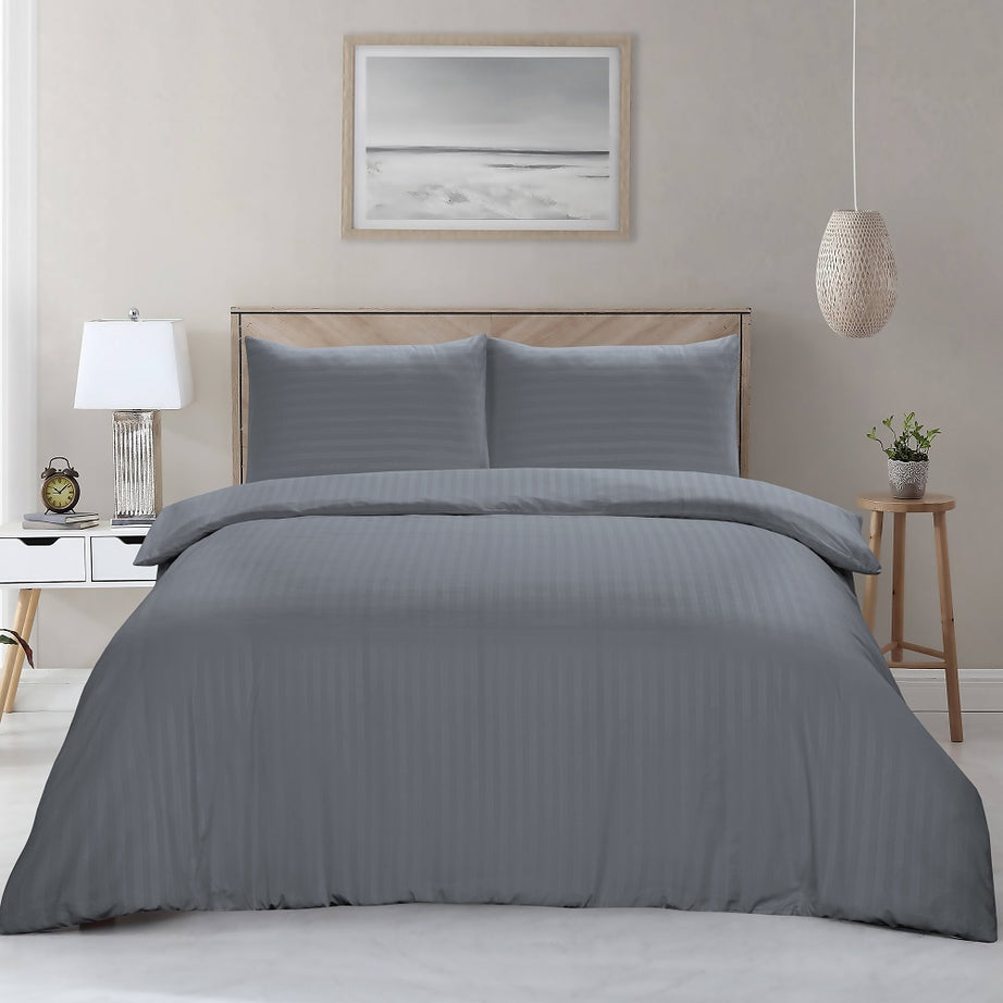 Microfiber Satin Stripe Duvet Cover Set Luxury Hotel Bedding Sets with Pillowcases Breathable Ultra Soft Reversible -Charcoal