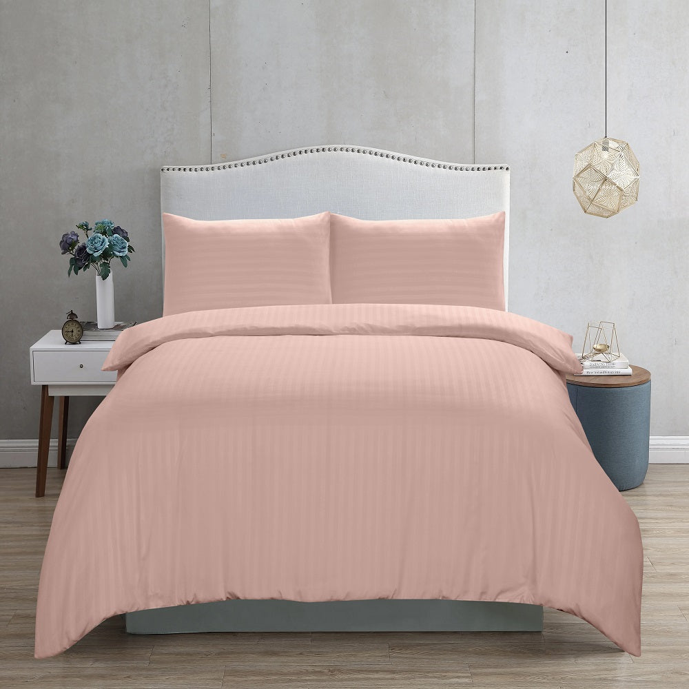 Microfiber Satin Stripe Duvet Cover Set Luxury Hotel Bedding Sets with Pillowcases Breathable Ultra Soft Reversible -Blush