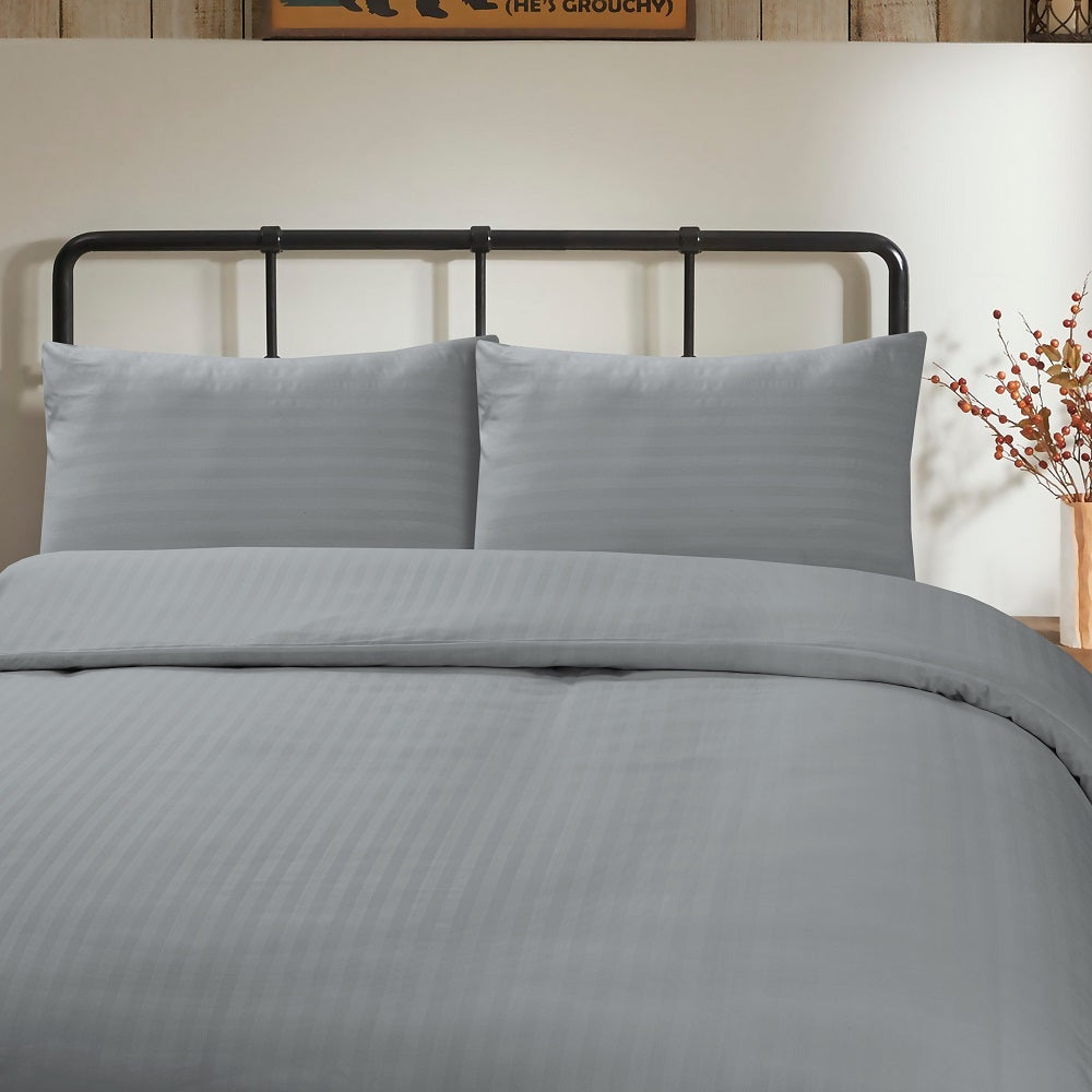 Microfiber Satin Stripe Duvet Cover Set Luxury Hotel Bedding Sets with Pillowcases Breathable Ultra Soft Reversible Light Grey