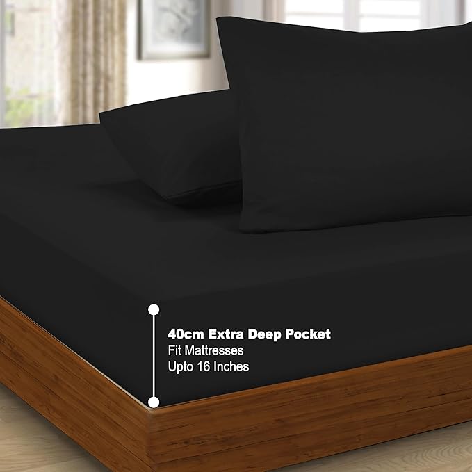 Funky Gadgets  Fitted Sheets Black Extra Deep Pocket (40cm) 90 GSM Brushed Microfiber Fitted Sheet