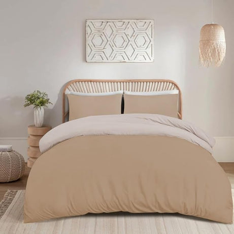 Soft Brushed Microfiber Plain Dyed Duvet Cover Sets with Pillow Cases- Reversible Bedding Quilt Cover Set (Mink & Cream)