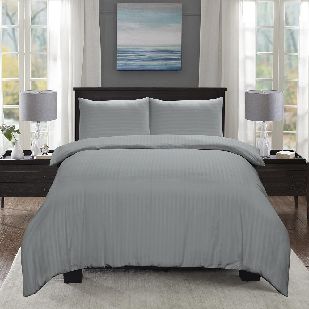 Microfiber Satin Stripe Duvet Cover Set Luxury Hotel Bedding Sets with Pillowcases Breathable Ultra Soft Reversible Light Grey