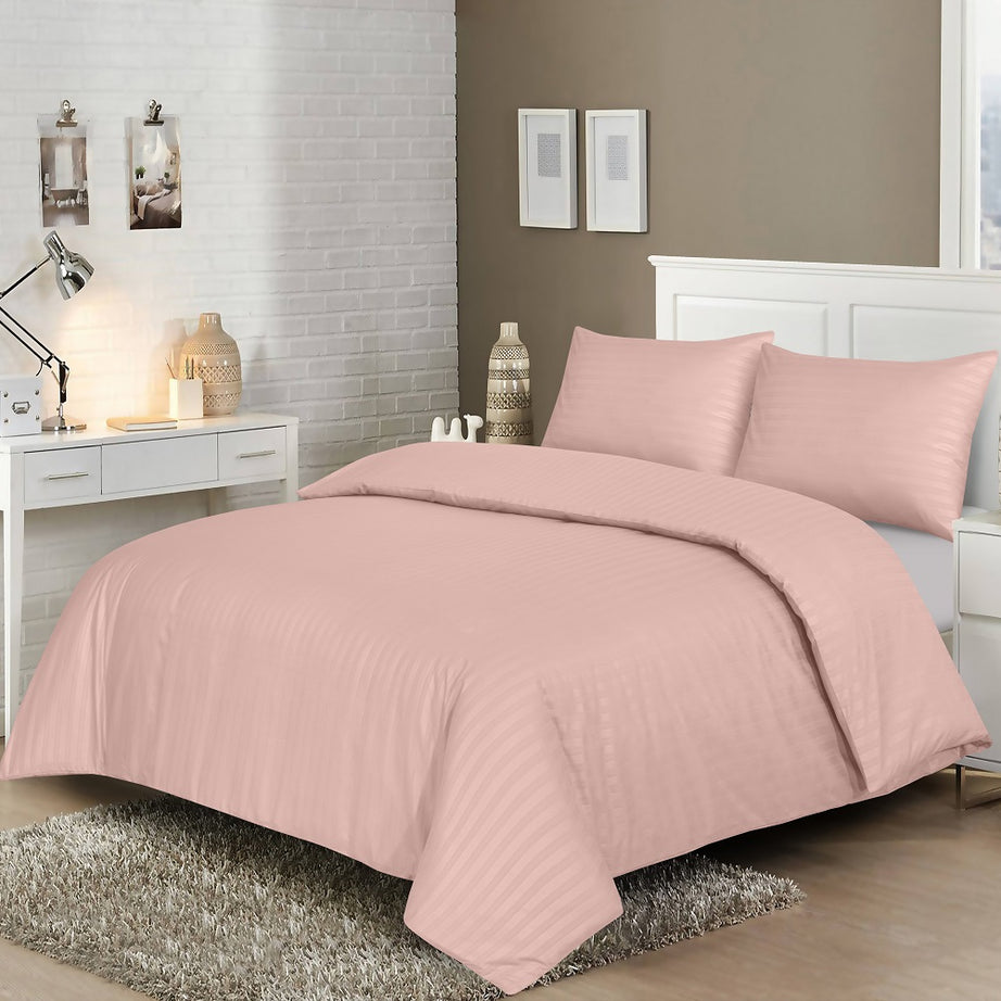 Microfiber Satin Stripe Duvet Cover Set Luxury Hotel Bedding Sets with Pillowcases Breathable Ultra Soft Reversible -Blush