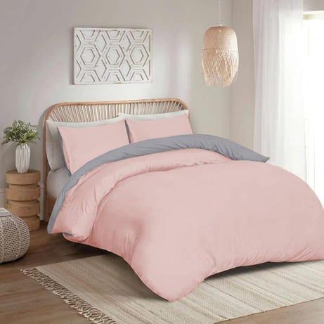 Soft Brushed Microfiber Plain Dyed Duvet Cover Sets with Pillow Cases- Reversible Bedding Quilt Cover Set (Blush Pink & Grey)