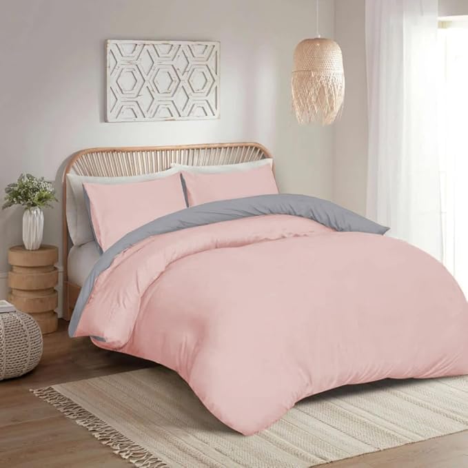 Soft Brushed Microfiber Plain Dyed Duvet Cover Sets with Pillow Cases- Reversible Bedding Quilt Cover Set (Blush Pink & Grey)