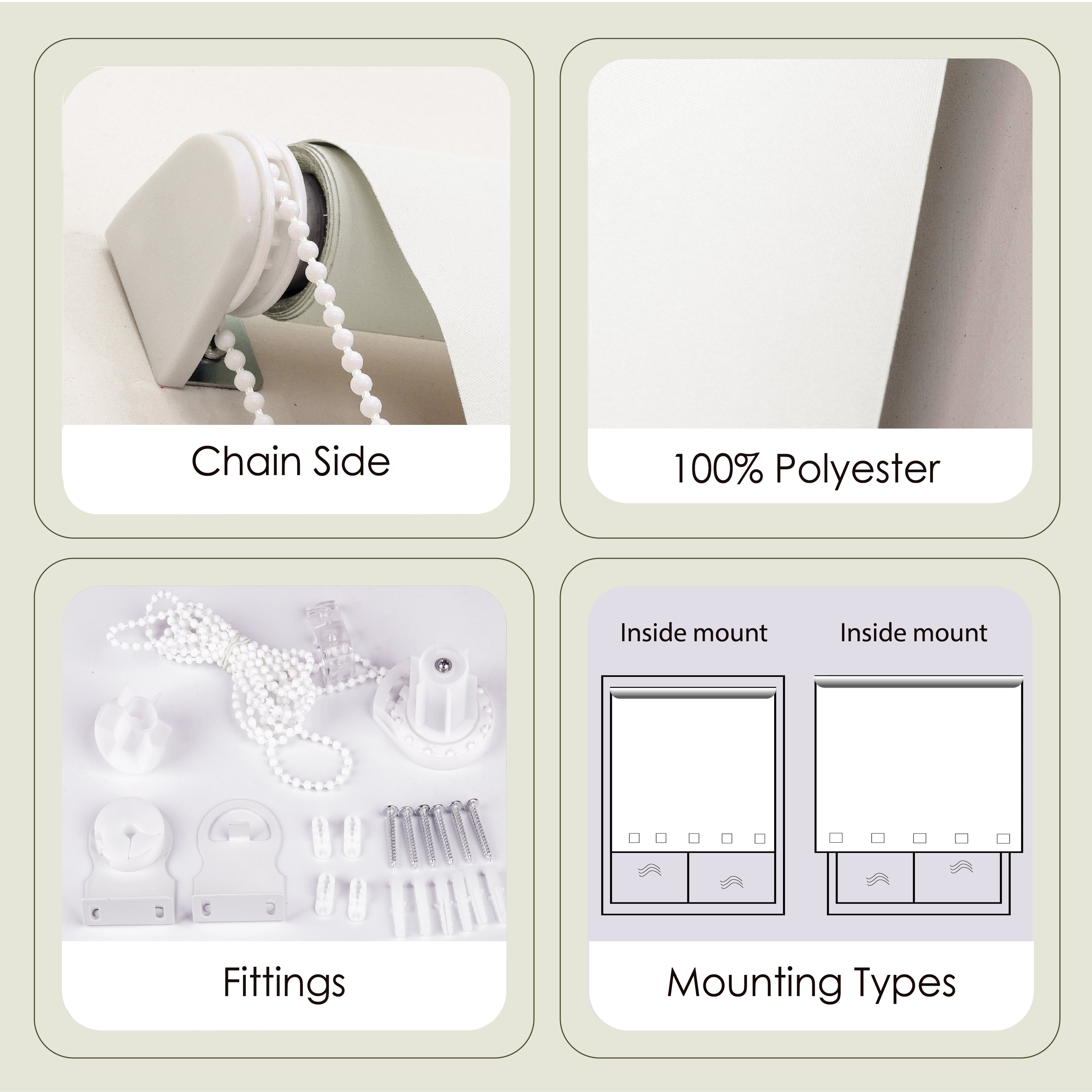 Funky Gadgets Natural Square Eyelet Light Filtering Roller Blinds - window blinds shades Easy Fit Child Safe Polyester Fabric Daylight Trimmable Roller Blind