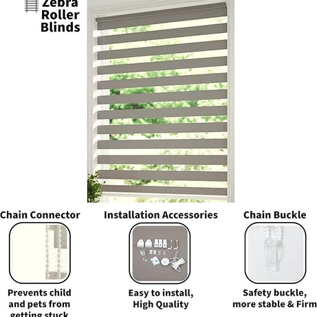 Funky Gadgets Grey Day Night Blinds Double Layer Sheer Fabric blinds Windows Curtains For Bedroom Easy Fit Drilling & No Drilling Opaque Shades Zebra Roller Blinds