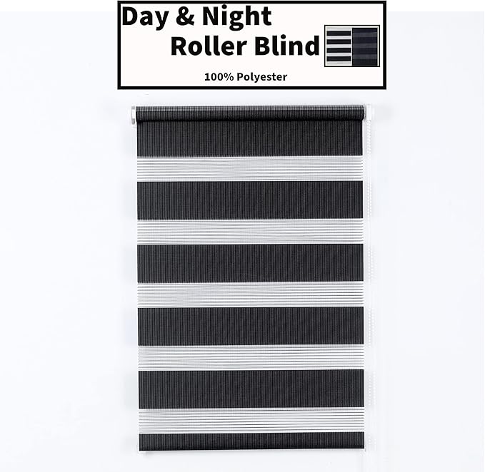 Funky Gadgets Black Day Night Blinds Double Layer Sheer Fabric blinds Windows Curtains For Bedroom Easy Fit Drilling & No Drilling Opaque Shades Zebra Roller Blinds