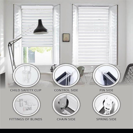 Funky Gadgets White Day Night Blinds Double Layer Sheer Fabric blinds Windows Curtains For Bedroom Easy Fit Drilling & No Drilling Opaque Shades Zebra Roller Blinds