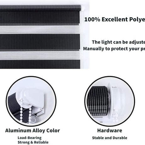 Funky Gadgets Black Day Night Blinds Double Layer Sheer Fabric blinds Windows Curtains For Bedroom Easy Fit Drilling & No Drilling Opaque Shades Zebra Roller Blinds