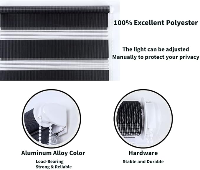 Funky Gadgets Black Day Night Blinds Double Layer Sheer Fabric blinds Windows Curtains For Bedroom Easy Fit Drilling & No Drilling Opaque Shades Zebra Roller Blinds