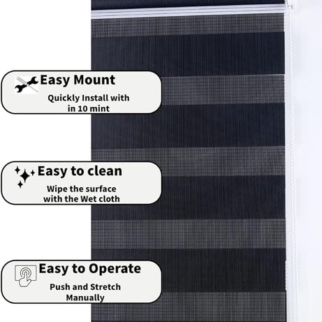 Funky Gadgets Black Day Night Blinds Double Layer Sheer Fabric blinds Windows Curtains For Bedroom Easy Fit Drilling & No Drilling Opaque Shades Zebra Roller Blinds