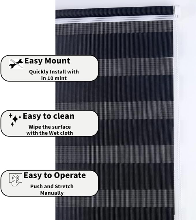 Funky Gadgets Black Day Night Blinds Double Layer Sheer Fabric blinds Windows Curtains For Bedroom Easy Fit Drilling & No Drilling Opaque Shades Zebra Roller Blinds