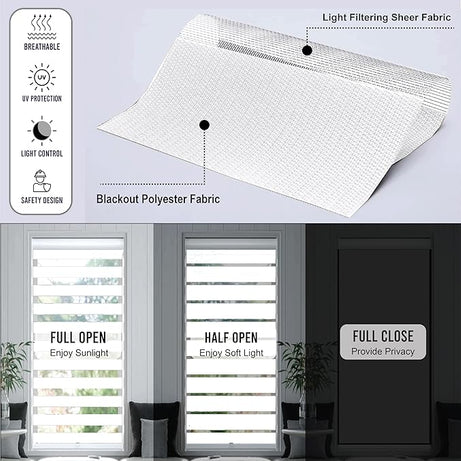Funky Gadgets White Day Night Blinds Double Layer Sheer Fabric blinds Windows Curtains For Bedroom Easy Fit Drilling & No Drilling Opaque Shades Zebra Roller Blinds