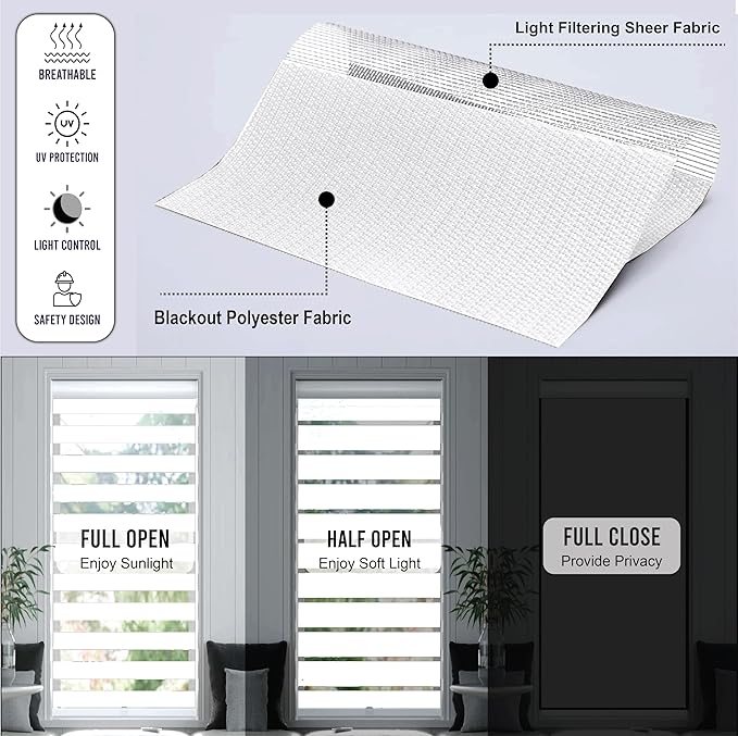 Funky Gadgets White Day Night Blinds Double Layer Sheer Fabric blinds Windows Curtains For Bedroom Easy Fit Drilling & No Drilling Opaque Shades Zebra Roller Blinds