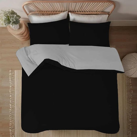funky gadgets Double Duvet Set – Soft Brushed Microfiber Plain Dyed Duvet Cover Sets with Pillow Cases- Reversible Bedding Quilt Cover Set (Black & Grey)
