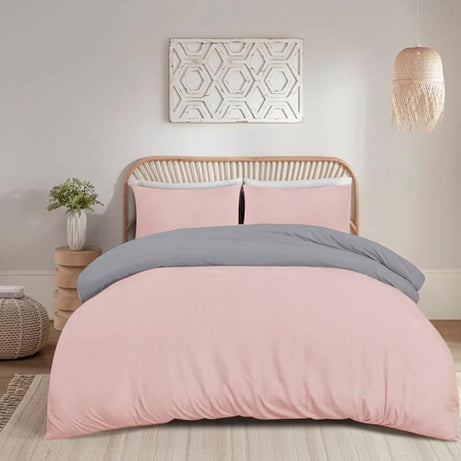 Soft Brushed Microfiber Plain Dyed Duvet Cover Sets with Pillow Cases- Reversible Bedding Quilt Cover Set (Blush Pink & Grey)