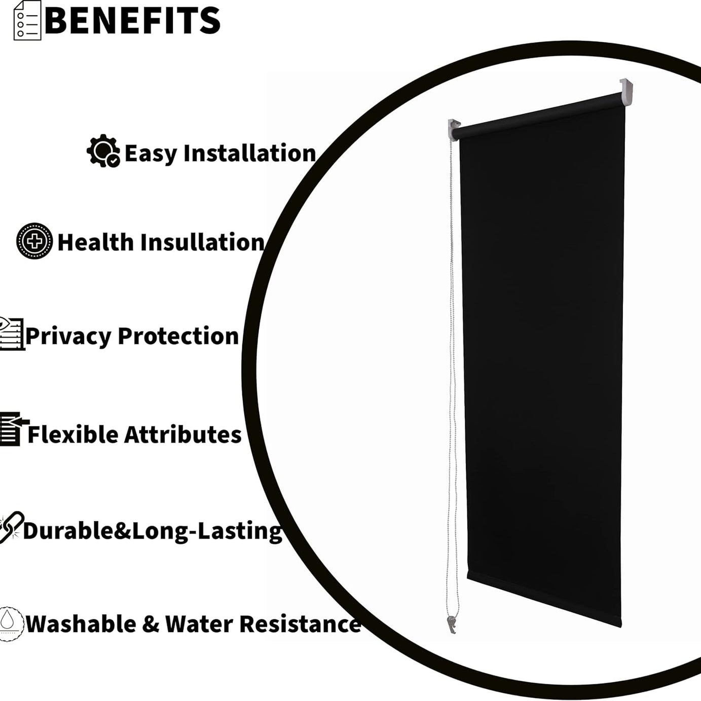 Funky Gadgets Roller Blinds Thermal Blackout Roller Blind, Easy Fit Child Safe Trimmable UV Protection Home Office Window Blinds, Black Blinds