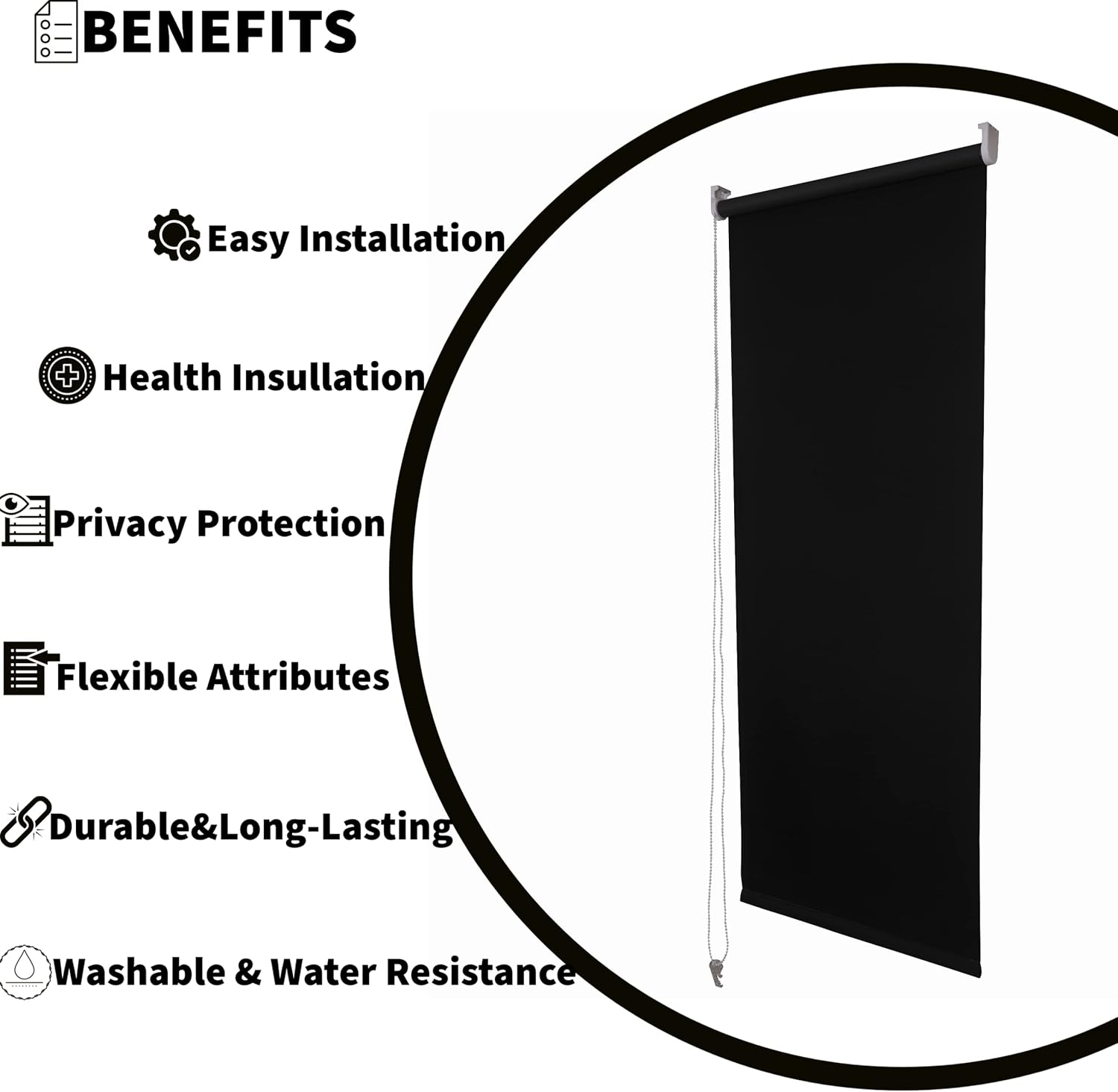 Funky Gadgets Roller Blinds Thermal Blackout Roller Blind, Easy Fit Child Safe Trimmable UV Protection Home Office Window Blinds, Black Blinds