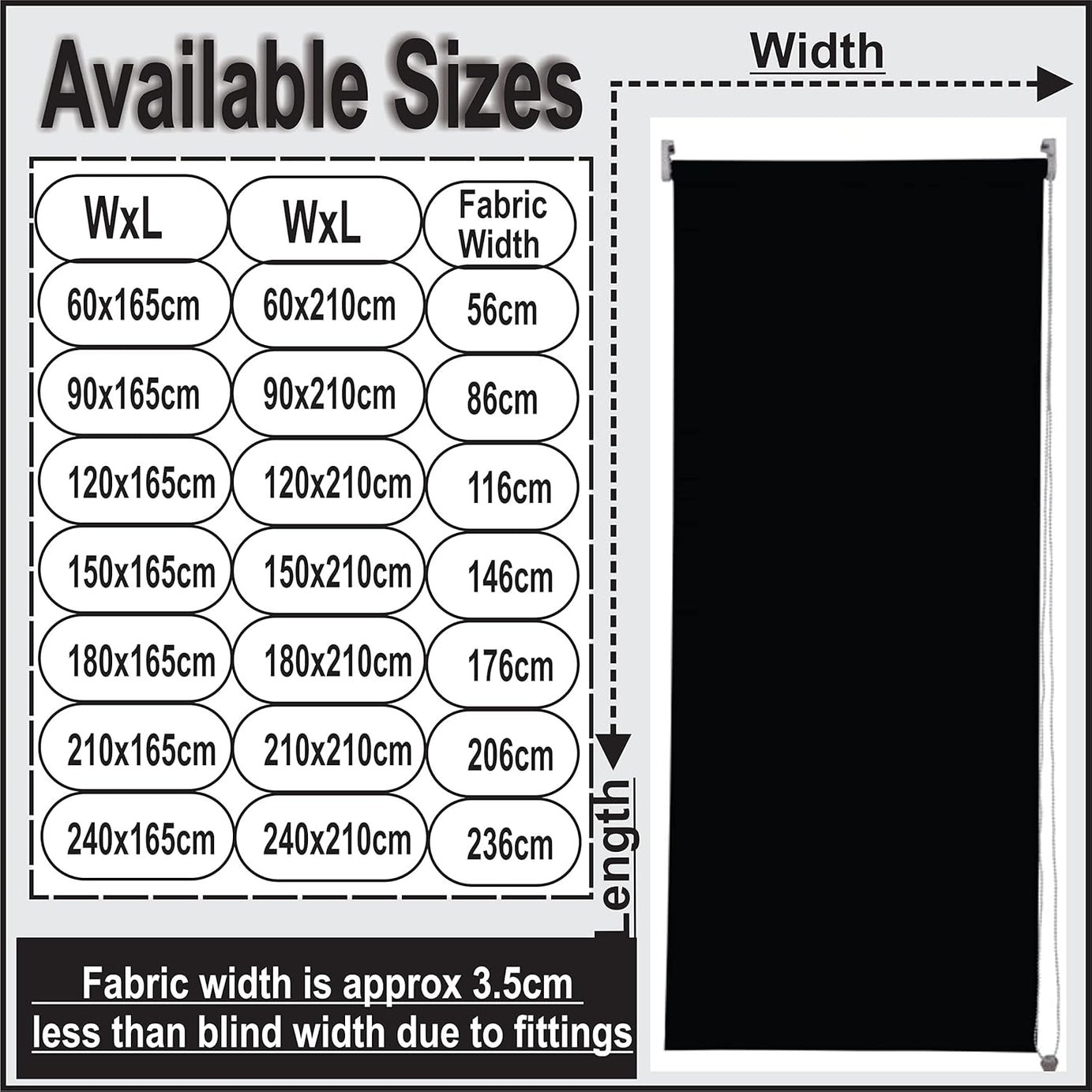 Funky Gadgets Roller Blinds Thermal Blackout Roller Blind, Easy Fit Child Safe Trimmable UV Protection Home Office Window Blinds, Black Blinds