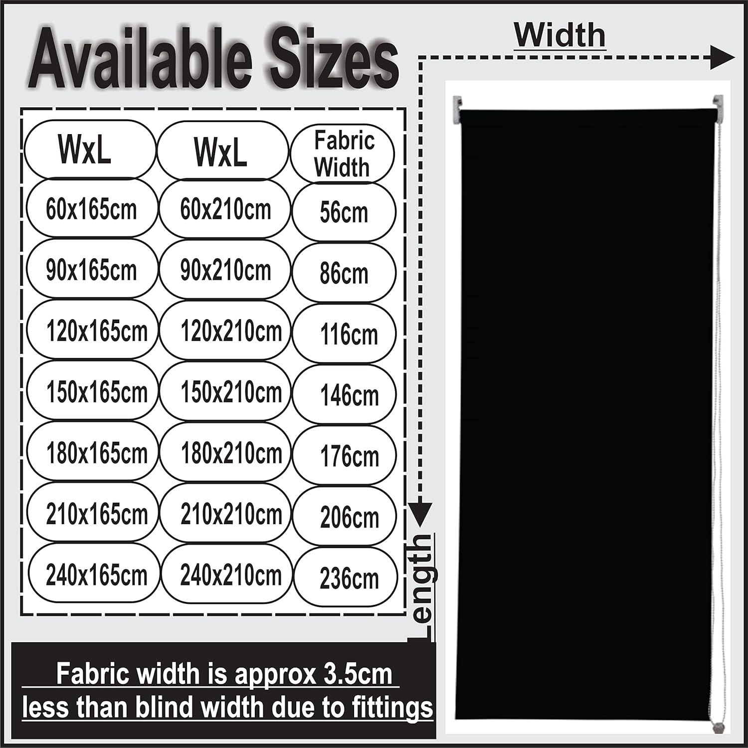 Funky Gadgets Roller Blinds Thermal Blackout Roller Blind, Easy Fit Child Safe Trimmable UV Protection Home Office Window Blinds, Black Blinds