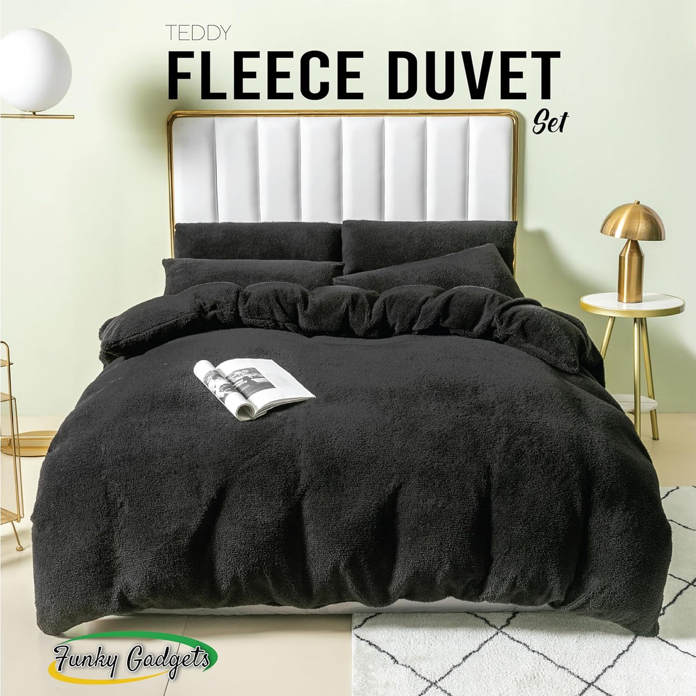 Funky Gadgets Teddy Fleece Duvet Cover Set | Warm Luxury Super Soft Thermal quilt cover with pillowcase | 100% Polyester Teddy Bear Bedding Black