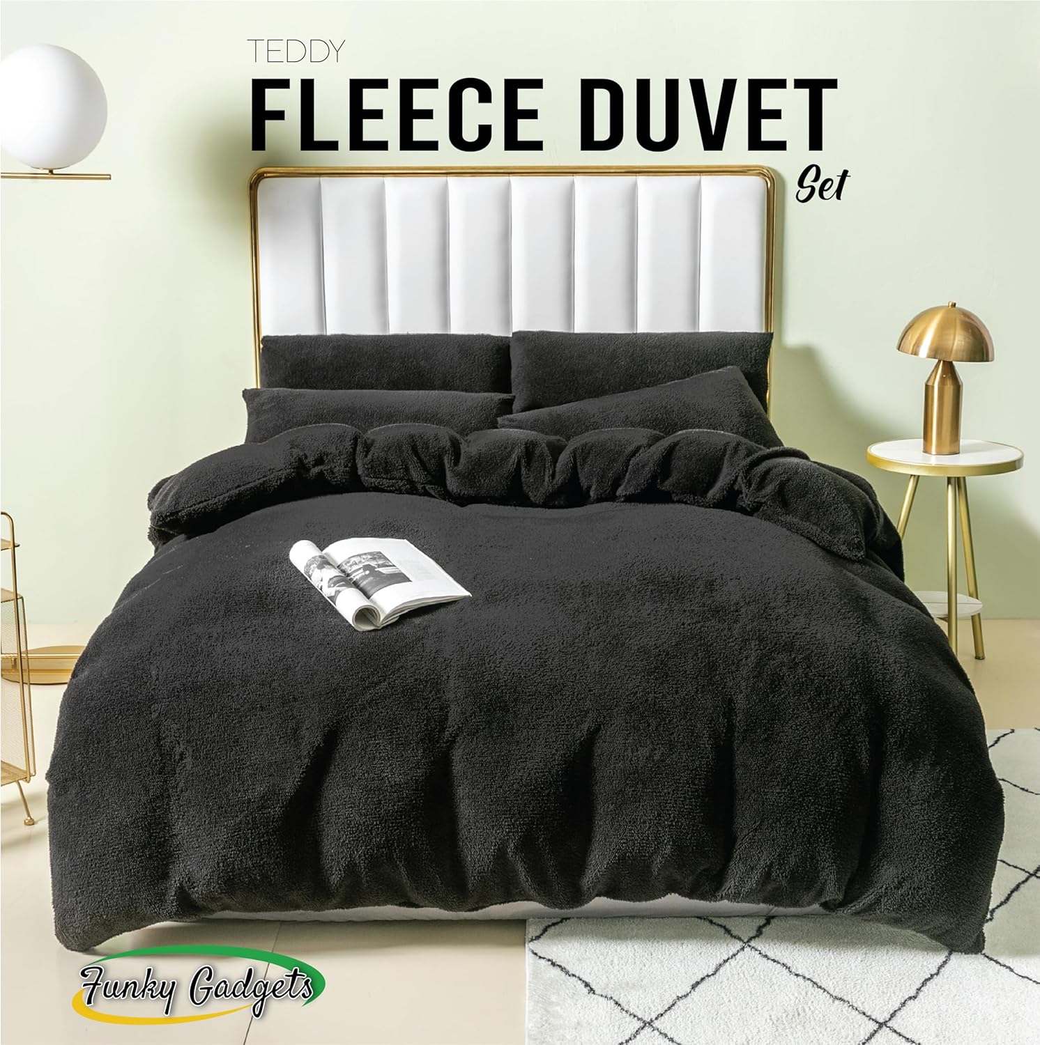 Funky Gadgets Teddy Fleece Duvet Cover Set | Warm Luxury Super Soft Thermal quilt cover with pillowcase | 100% Polyester Teddy Bear Bedding Black