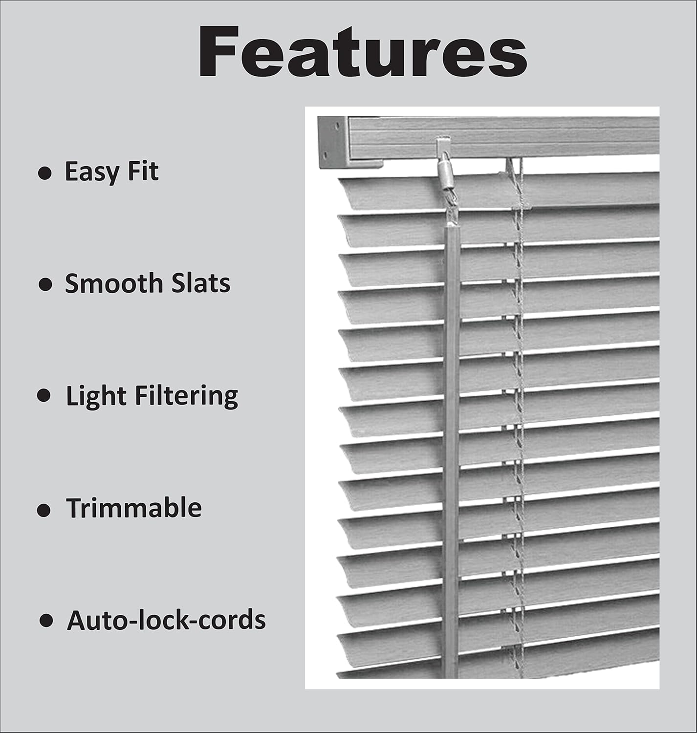 PVC Venetian Blind- Blinds Window 25mm Thin Slats Kitchen Windows Blinds Treatments Easy Fit Curtains Trimmable Fittings Home Office - Grey