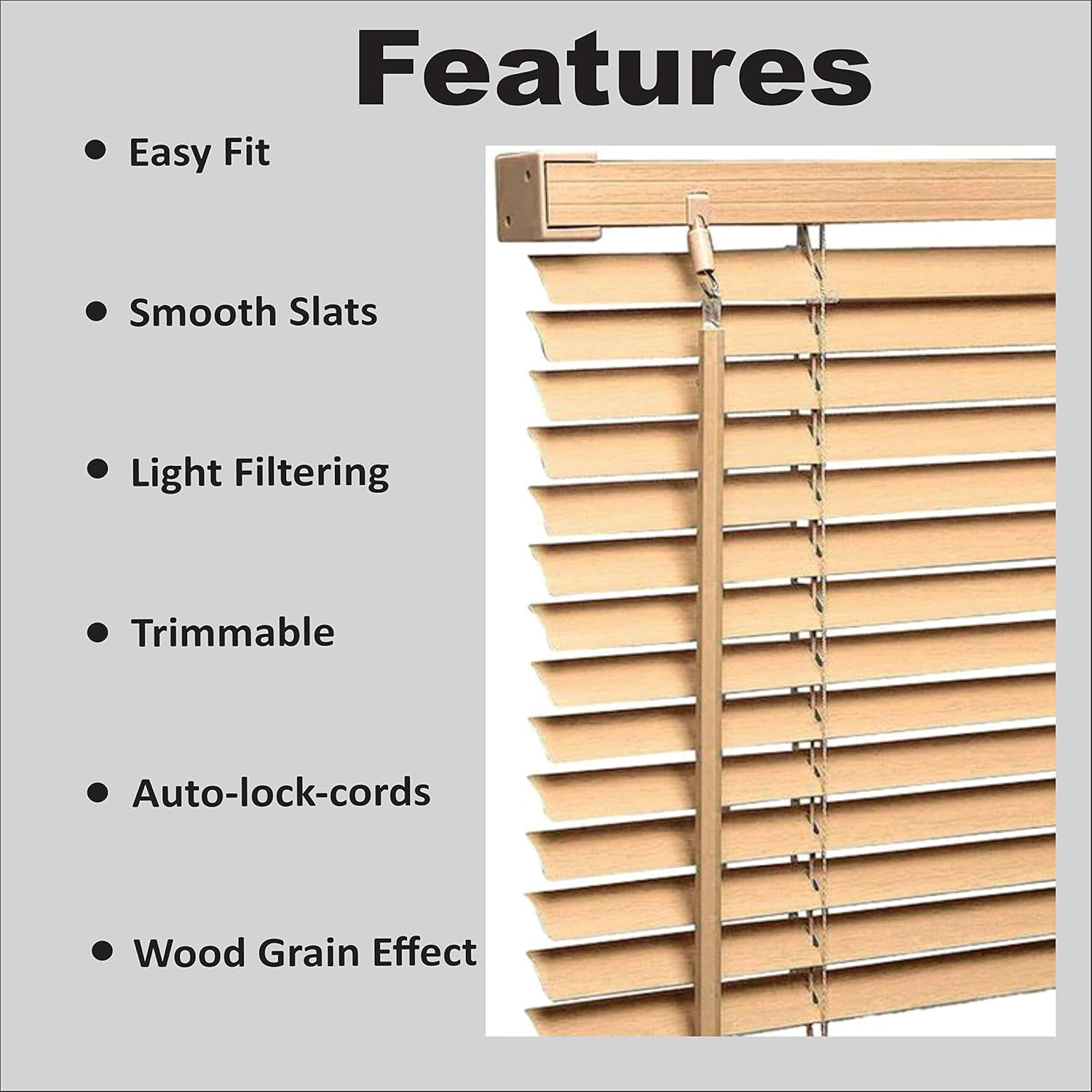 PVC wood grain effect blinds-Windows Blinds Treatments Easy Fit Curtains Trimmable Fittings Home Office - Natural
