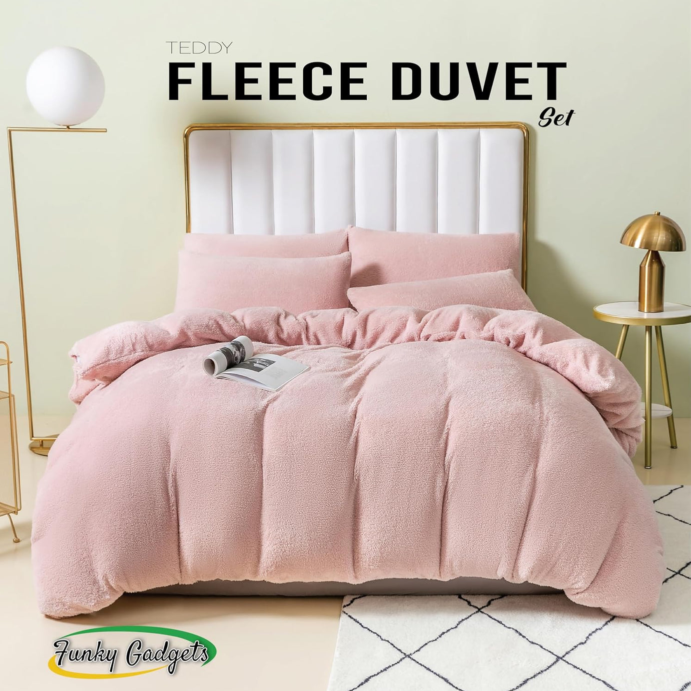 Funky Gadgets Teddy Fleece Duvet Cover Set | Warm Luxury Super Soft Thermal quilt cover with pillowcase | 100% Polyester Teddy Bear Bedding Blush Pink