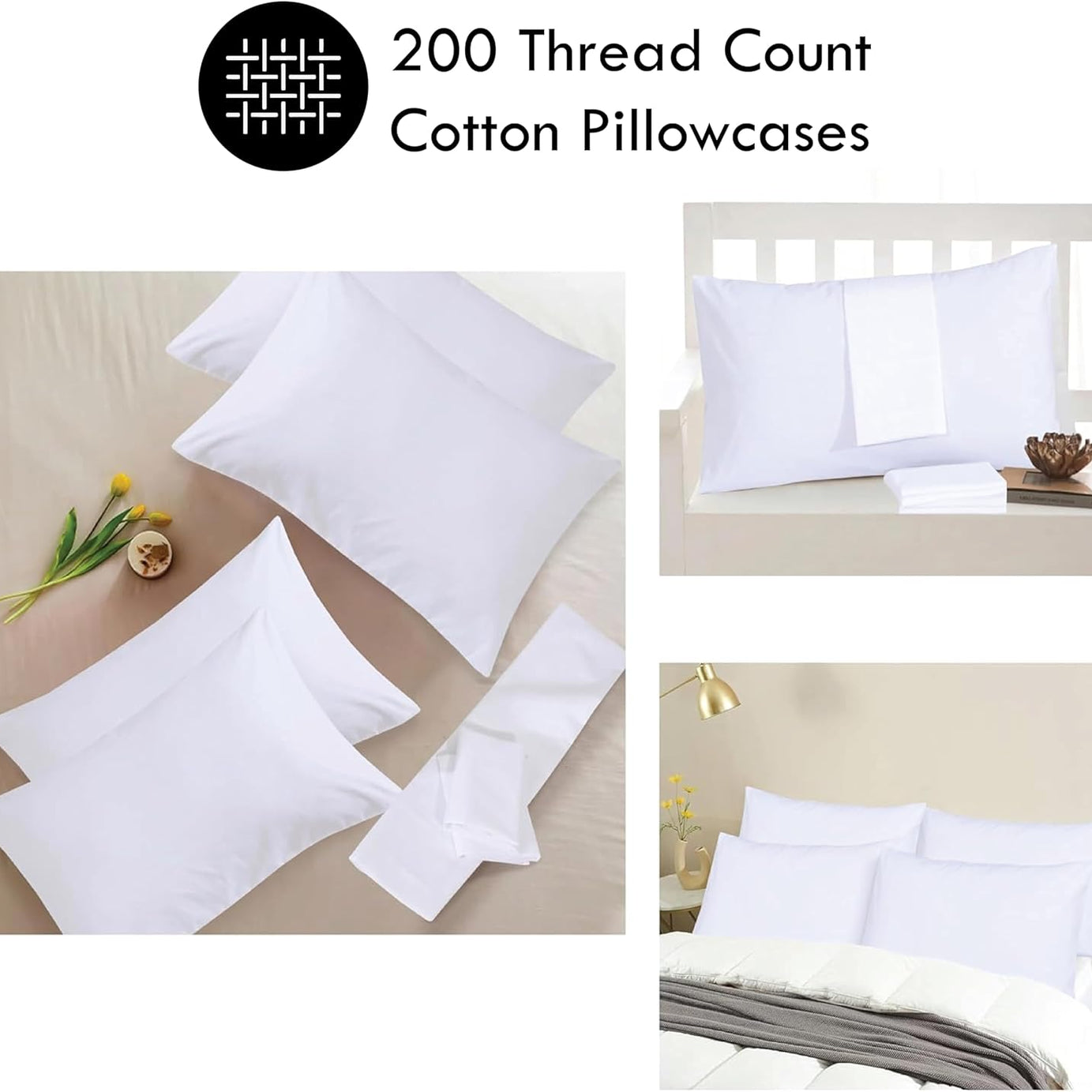Funky Gadgets Pillow Cases 4 Pack White 200 Thread Count 100% Egyptian Cotton Pillowcases, Soft Breathable & Hypoallergenic Envelope Closure Pillow Covers
