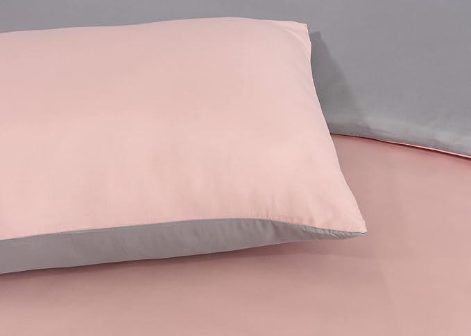 Soft Brushed Microfiber Plain Dyed Duvet Cover Sets with Pillow Cases- Reversible Bedding Quilt Cover Set (Blush Pink & Grey)