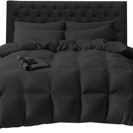 Funky Gadgets Teddy Fleece Duvet Cover Set | Warm Luxury Super Soft Thermal quilt cover with pillowcase | 100% Polyester Teddy Bear Bedding Black