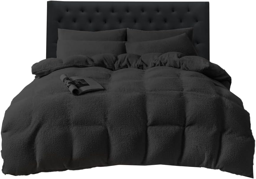 Funky Gadgets Teddy Fleece Duvet Cover Set | Warm Luxury Super Soft Thermal quilt cover with pillowcase | 100% Polyester Teddy Bear Bedding Black
