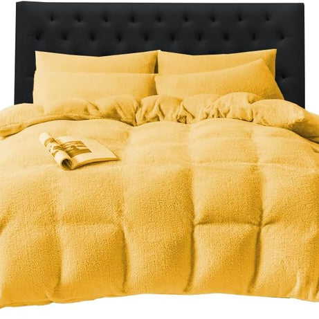 Funky Gadgets Teddy Fleece Duvet Cover Set | Warm Luxury Super Soft Thermal quilt cover with pillowcase | 100% Polyester Teddy Bear Bedding Ochre
